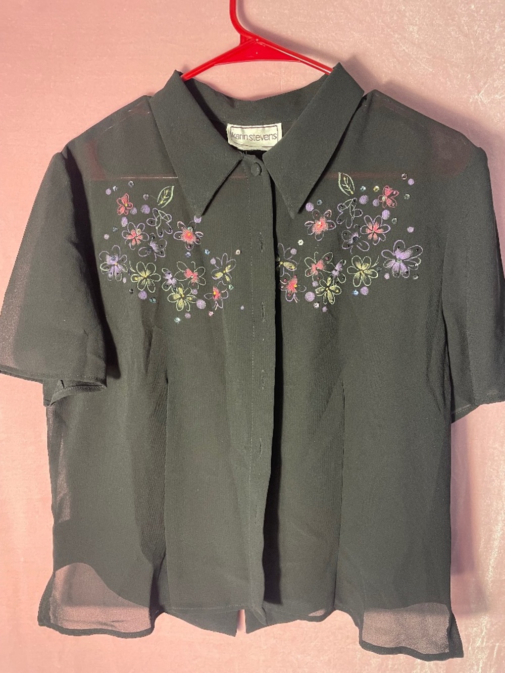 VINTAGE Med. sheer black short sleeve button up with floral/butterfly, open back